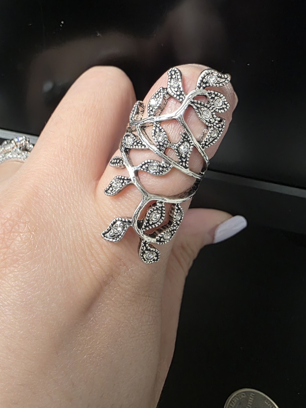 Silver-Tone Crystal Vine Leaf Statement Ring